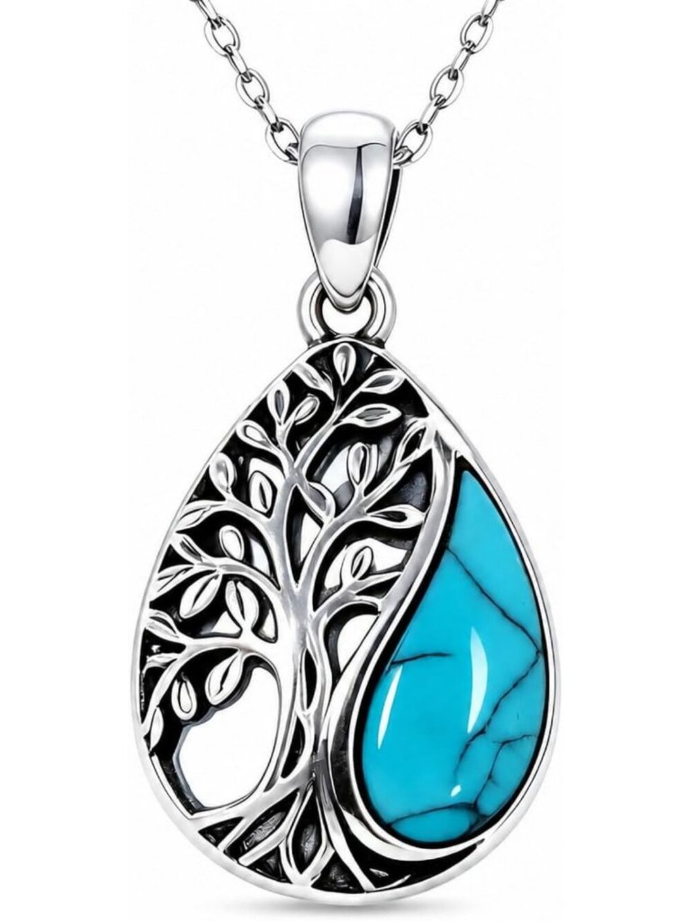 Handmade 925 Silver Plated Animal Tree Pendant Necklace with Natural Turquoise